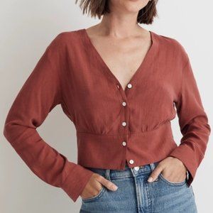 Madewell NWT Lusterweave V Neck Button Front Cropped Shirt Antique Rose Medium